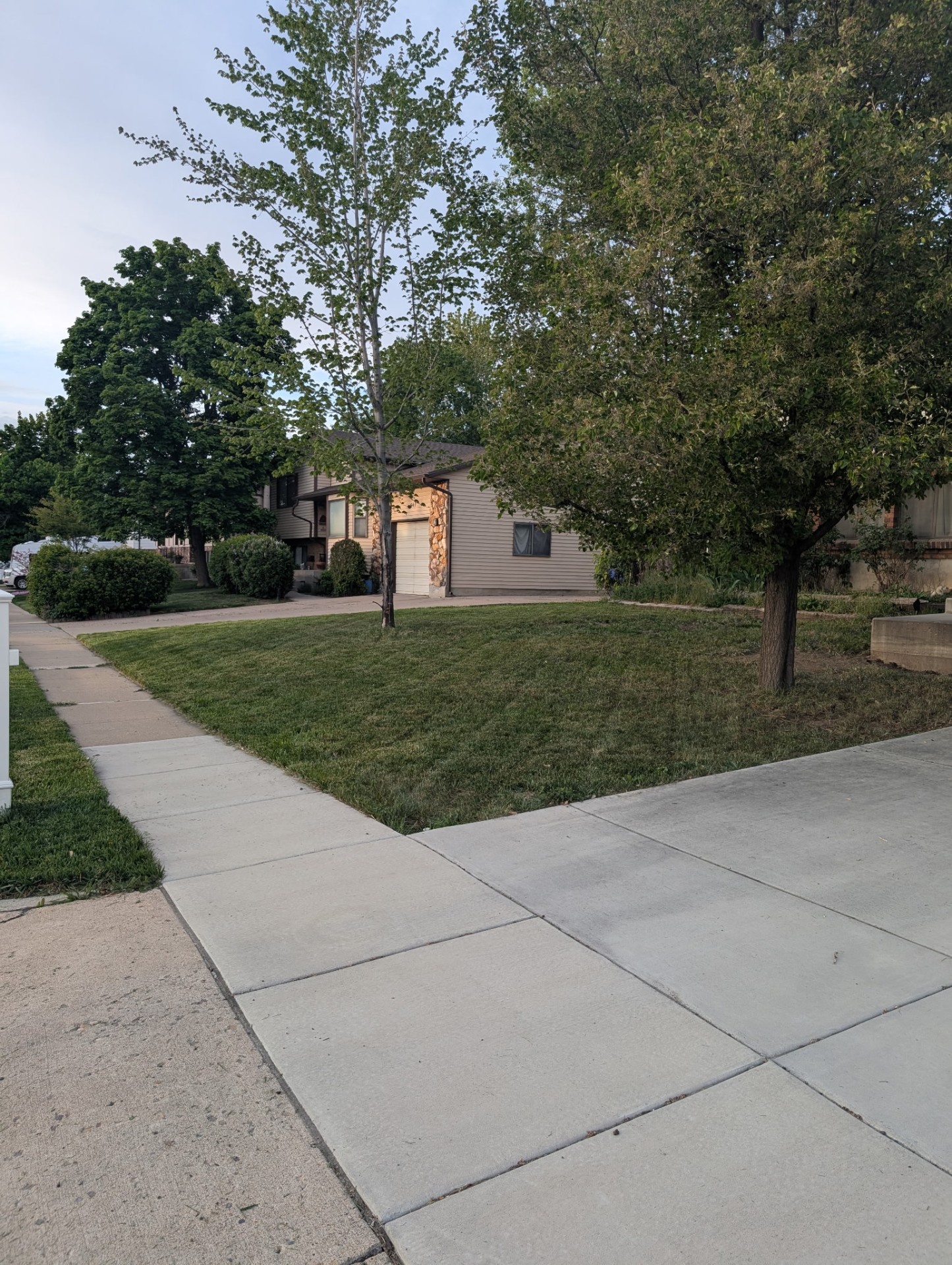 Front yard lawn freshly cut and edged along sidewalk in Centerville, Utah
